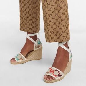 Gucci Espadrille Wedge Sandals Embroidered GG Logo Lace Up Tan Rainbow Sz 37 / 7